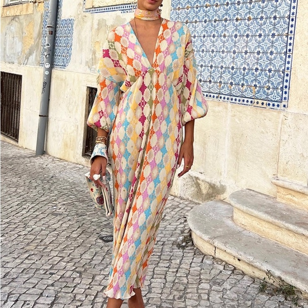 Cream Multicolor Diamond-Print Maxi Dress